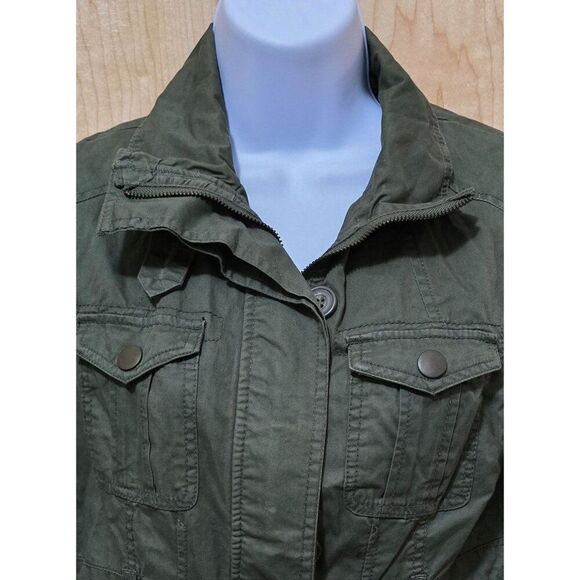 Olive Green Utility Jacket W Zipper Button Closure Snap Pockets Military style - Picture 1 of 14